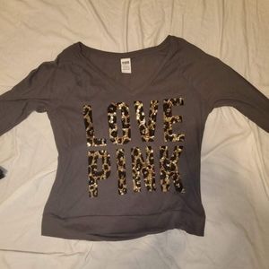 PINK Grey Long Sleeve w/Cheetah Sequins Designs